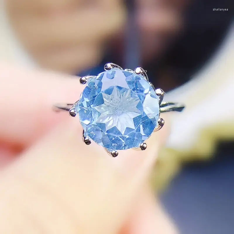 Bagues de cluster Naturel Véritable Bleu Topaz Bague Ronde Grand Style Par Bijoux 10 10mm 5.8ct Pierre Précieuse 925 Sterling Argent Fine J23955