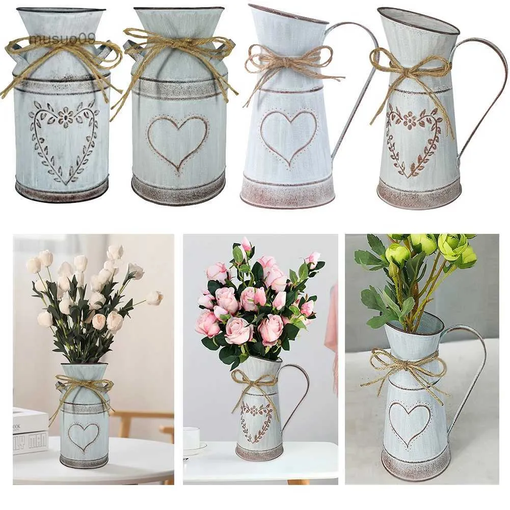 Vases Vintage Garden Metal Flower Vases Home Wedding Artificial Flowers Bucket Barrel Holder Shabby Chic Country Style Jug Can CraftL23/10/23