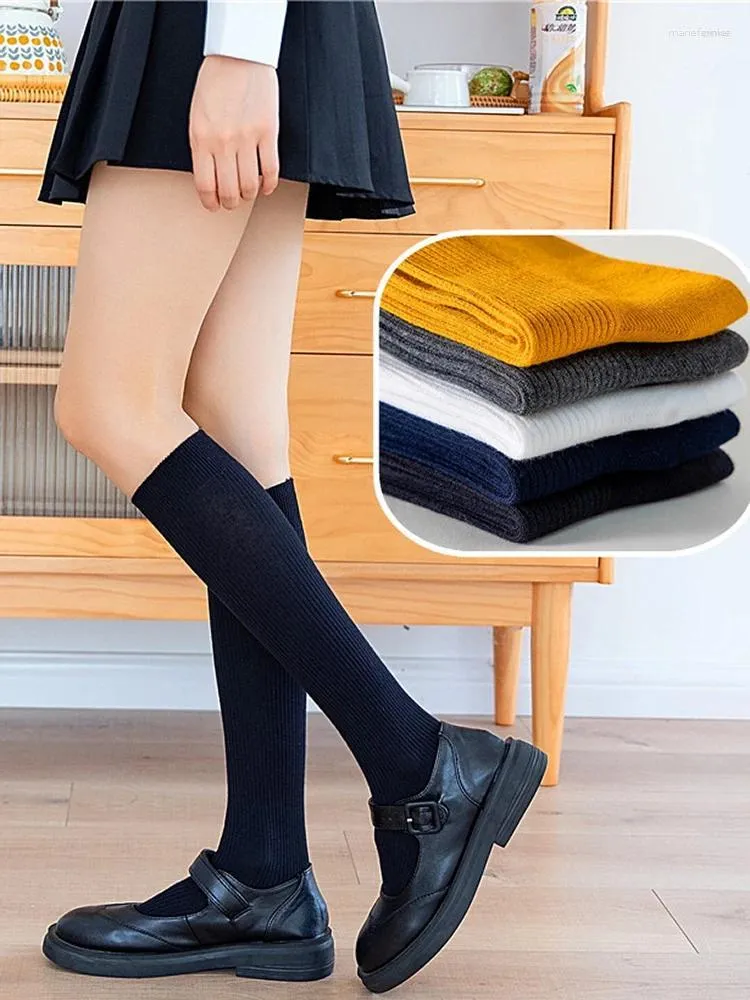 Chaussettes en coton pour femmes, 1 paire, cadeaux de noël, chauds, doux, longs, couleur Pure, printemps, pour filles, noir, gris, blanc