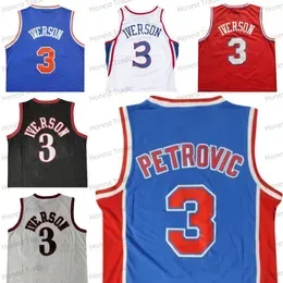 Retro Mens 3 Allen Iverson Basketball Jersey White Red Blue 3 Drazen Petrovic Ed Men Jerseys Uniforms Good Quality