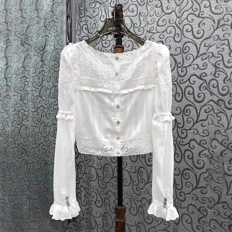 Women's Blouses Cotton Tops 2023 Autumn Fashion Crop Ladies Sexy Tull Lace Embroidery Patchwork Long Sleeve Casual White Blouse