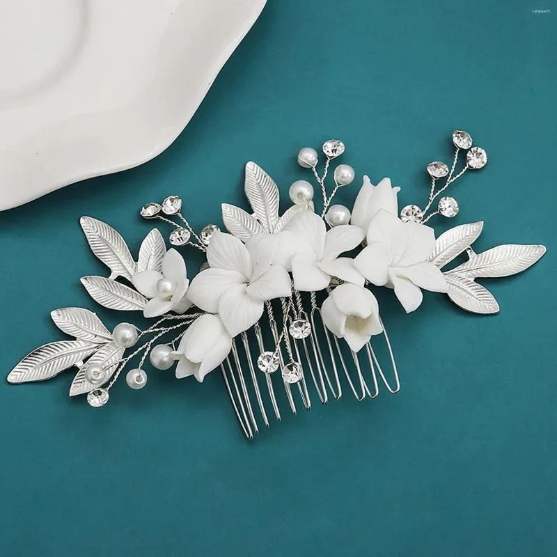 Hair Clips Floral Comb Ceramic Flower Barrettes Wedding Jewelry Women Accessories Pearls Leaves Design Exquisite Headpieces