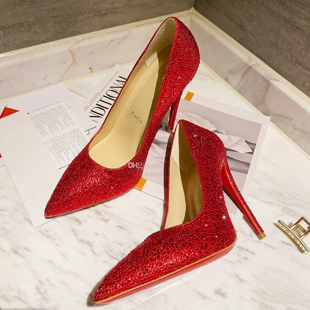 Modedesigner högkvalitativ kvinnors röda klackar höga klackar lyxiga läder sulade sandaler fina klackar inlagda Rhindiamond hälen tofflor 1-12 cm middag festskor H0333