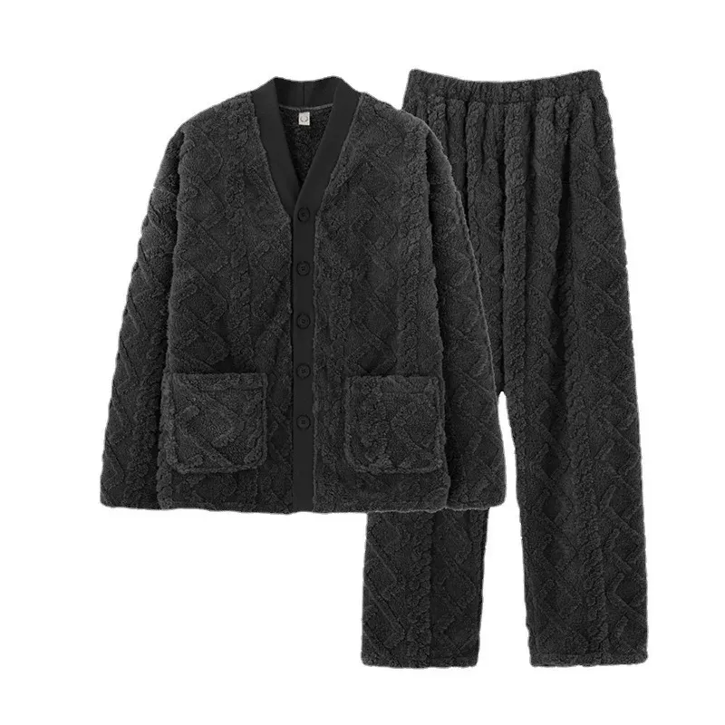 Calças de duas peças femininas 2023 inverno flanela veludo homens pijamas engrossados vneck jacquard pelúcia manter quente terno de duas peças 231020