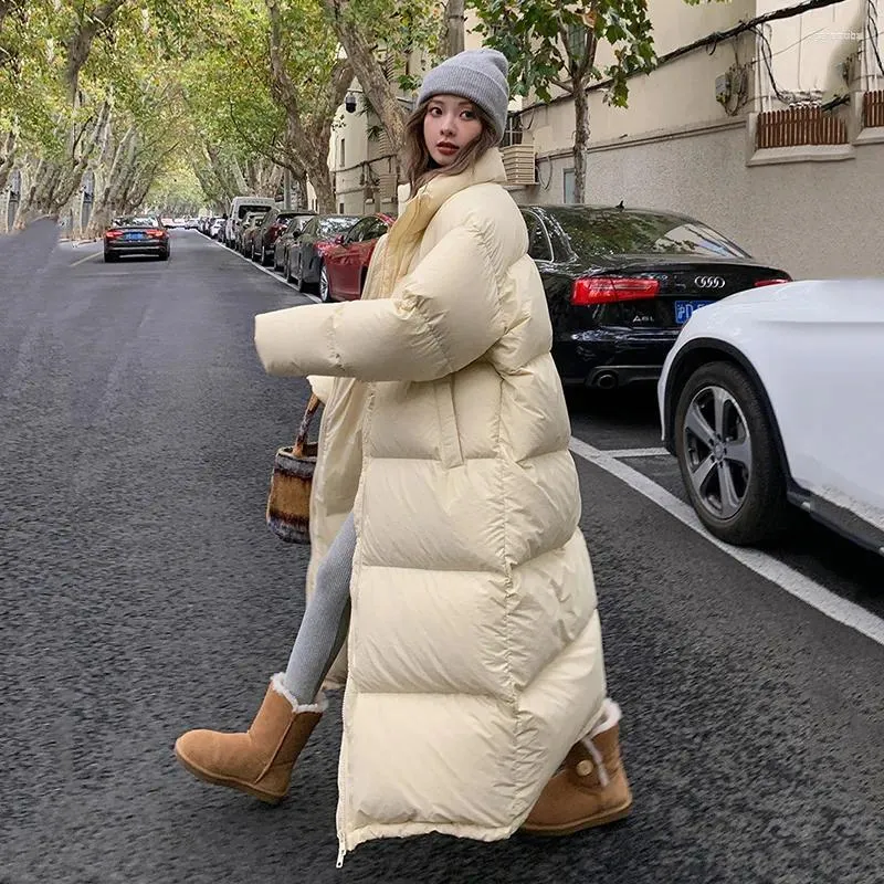 Women's Trench Coats Women's 2023 Winter Thick Warm Long Down Jackets Women Loose Stand Collar Scarf Puffer Jacket White Duck Female