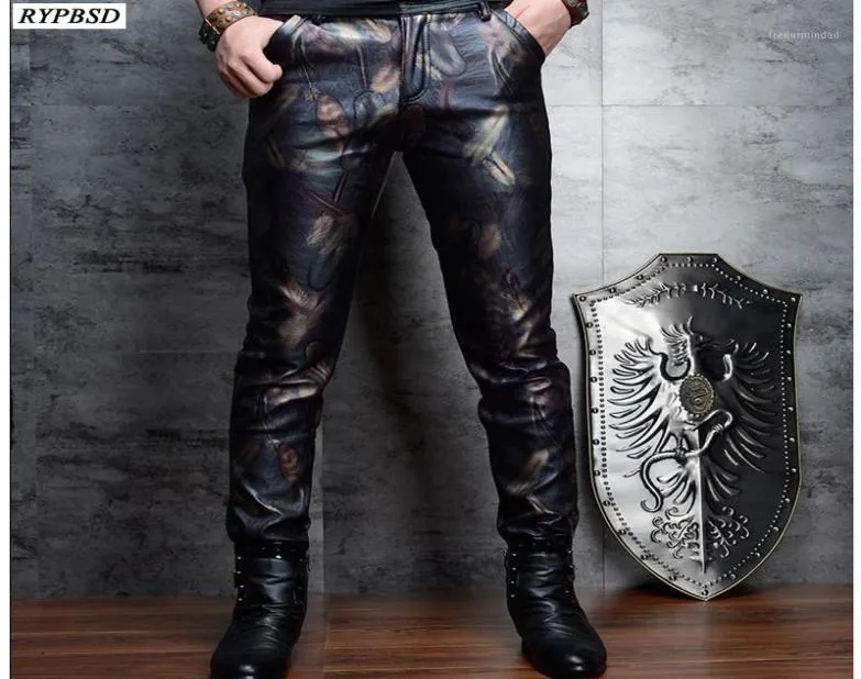 Pantalones de cuero pitillo para hombre pantalones de piel sint tica ajustados con estampado a la moda pantalones de motociclista con cremallera de