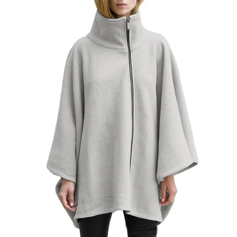 Women's Cape Plecee Stand Kllar Woman Poncho Płaszczenie Kobiet Cape Srebrny kolor zapinany na zamek błyskawiczny zimowe damskie topy białe peleryny 231023