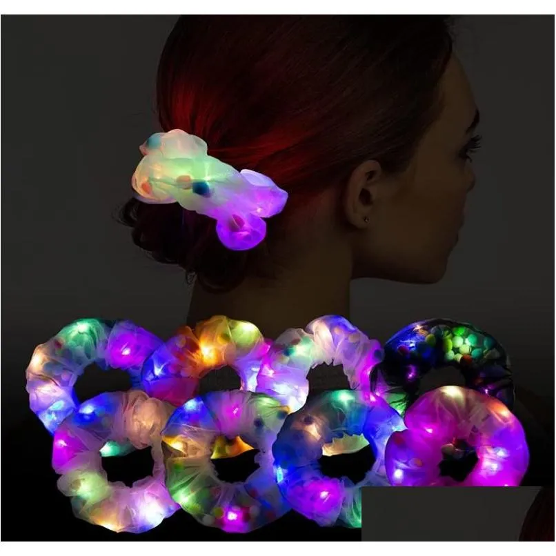 Stage Wear Led Cabelo Scrunchies Rave Headwear Light Up Neon Cetim Rabo de Cavalo Elástico Laços Luminosos Brilhantes Hairring para Mulheres Menina Birt Dhsis