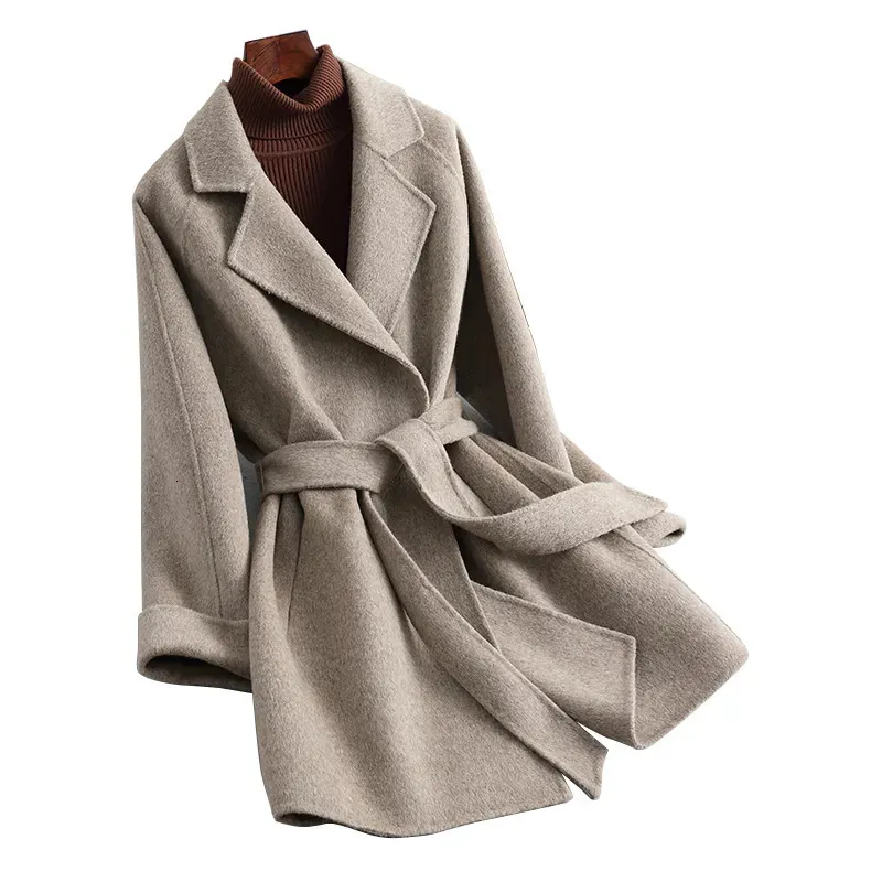 Womens Wool Blends Winter Cashmere Belt Ytterkläder Jacka Spring Autumn Women Natural Coat Tyg S3654 231023
