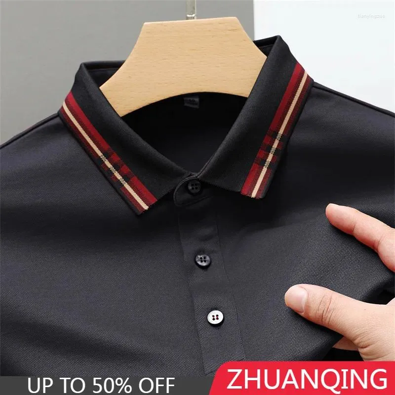 Polos masculinos de alta qualidade luxo mulberry seda polo camisa para homens 2023 outono moda respirável lapela botão t-shirt manga longa ropa hombre