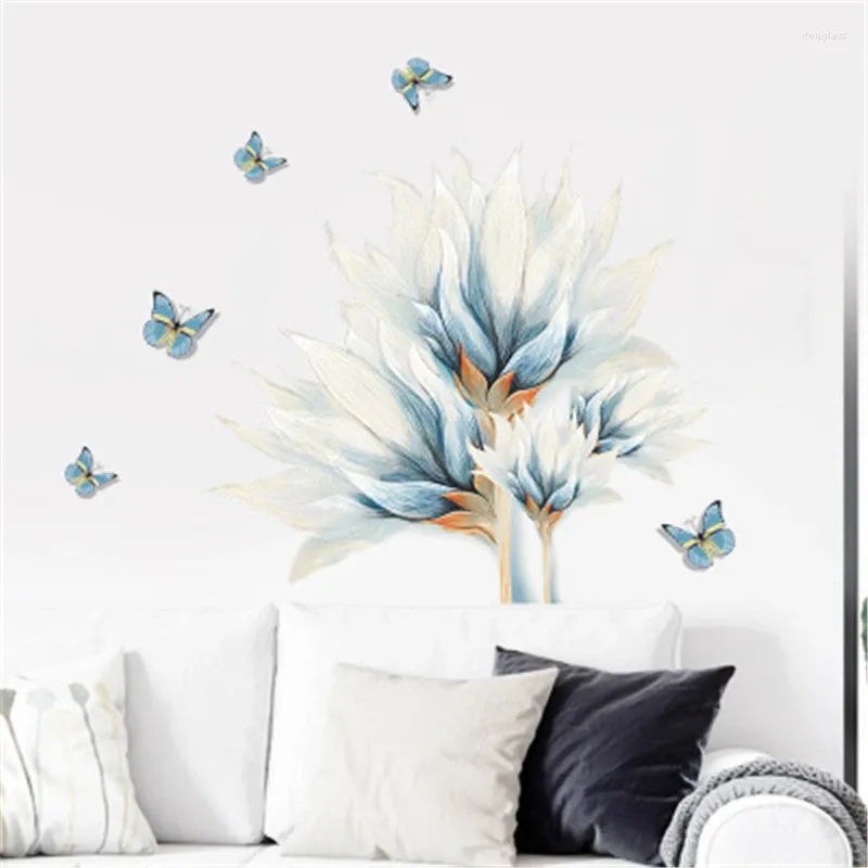 Wall Stickers Watercolor Blue Flowers Butterfly Living Room Bedroom Decals Wardrobe PVC Removable Poster