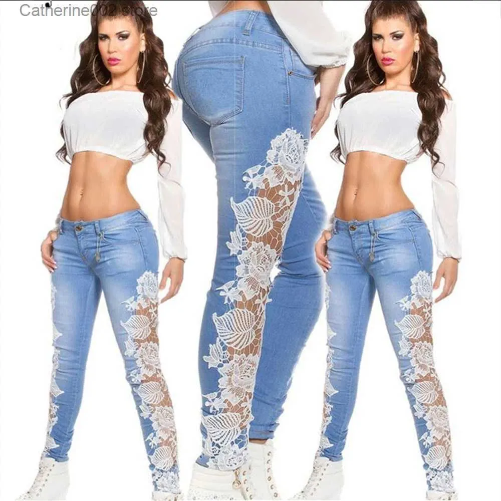 Dżinsowe dżinsy kobiety Y2K koronkowe szydełko puste dżinsy femme wysoki talia szczupły bodycon slim fit street noszenie trendy pants ropa mujer t231023