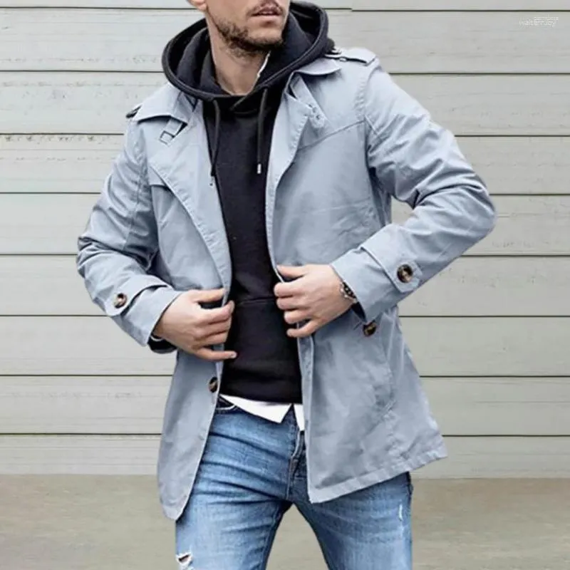 남자 트렌치 코트 남자의 편안한 재킷 세련된 중간 길이 코트 바람 방풍 우연한 스트리트웨어 가을에 대한 옷깃 버튼 장식