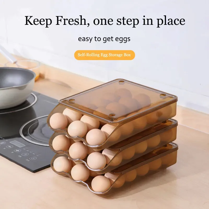 Food Savers Storage Containers Self Rolling Egg Box 1 2 3Layer Crisper Stackable Kitchen Refrigerator Eggs Organizer Drawer type Great 231023