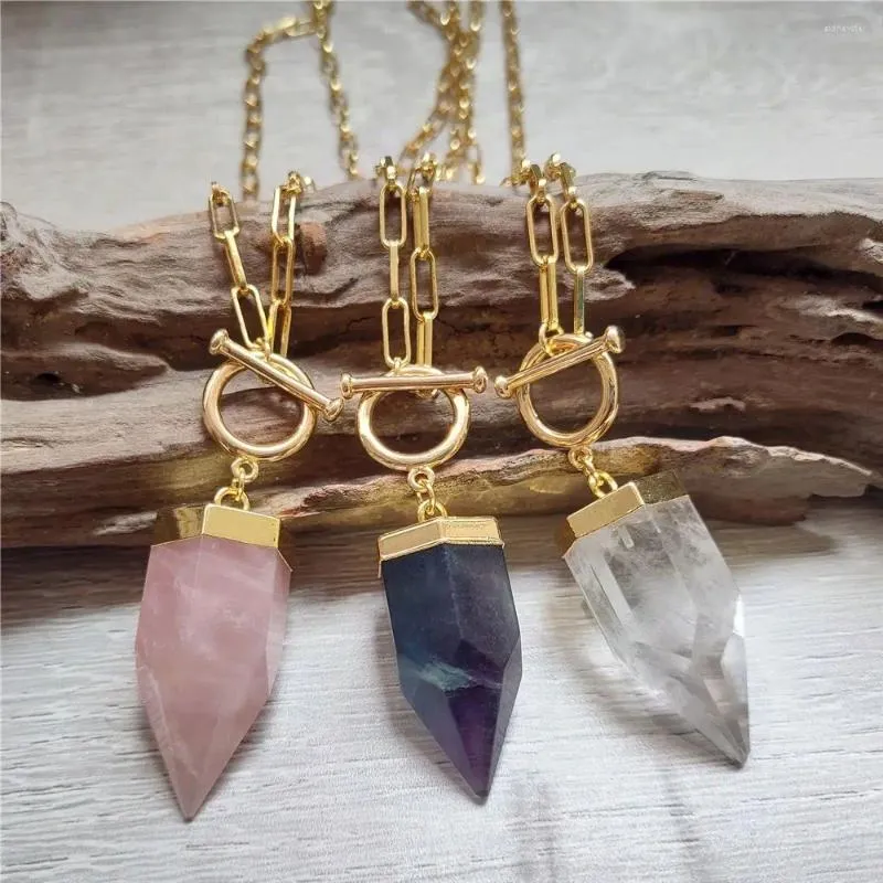 Collane con ciondolo FUWO 1PCS Fluorite naturale / Rosa / Quarzo trasparente OT Collana Punto di cristallo minerale Collana a maglia Lariat per le donne NC411