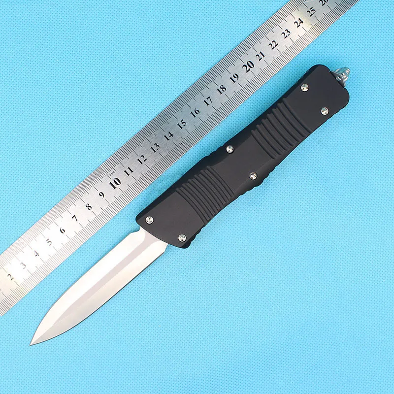 Hochwertiges AUTO-Taktikmesser D2 Double Edge Spear Point (3,8" Handsatin) Klinge T6061, schwarzer Griff, Überlebensmesser mit Nylontasche