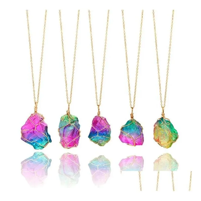 Pendentif Colliers Naturel Rainbow Irregar Quartz Pierre Rock Cristal Gemstone Collier Plaqué Or Fil Wrap Pierre De Naissance Bijoux Cadeaux Dh1Pe