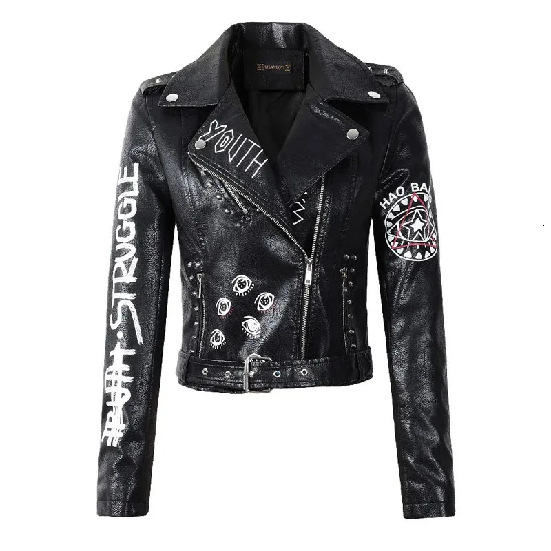 Skórzana skóra sztuczna skóra jesienna Kobiety Zima Faux miękkie skórzane kurtki płaszcze Lady Black Pu Rivet Zipper Epaulet 3D Print Motorcycle Streetwear 231023