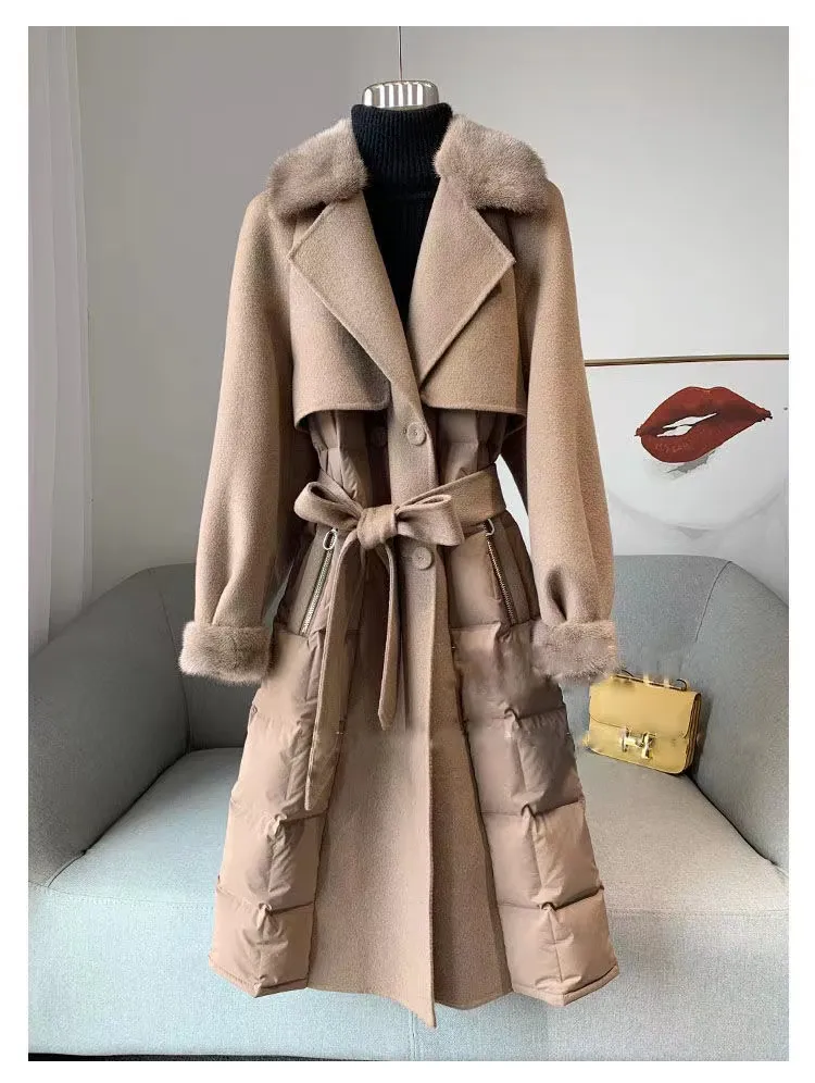 2023 New Mink Collar Wool 유럽 버전의 가을과 겨울의 양면 나일론 아래로 긴 트렌치 코트