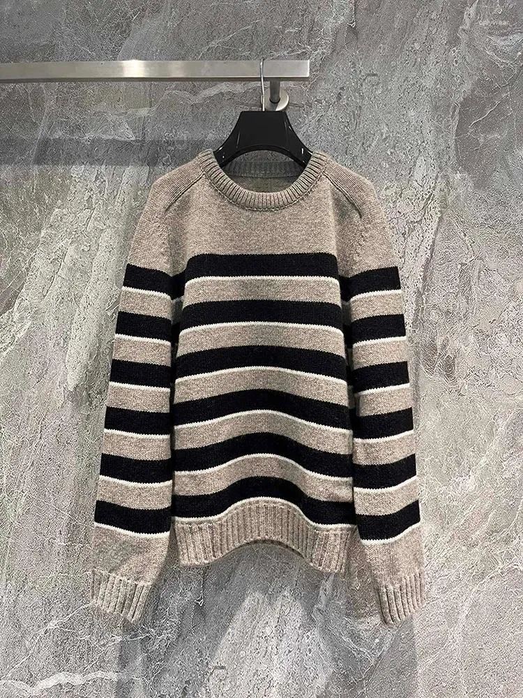 Damenpullover Mode Hohe Qualität Reiner Wolle Kontrast Breit Gestreiften Pullover Für Frauen 2023 Unisex Gestrickte Oansatz Lose Fit Jumper weibliche