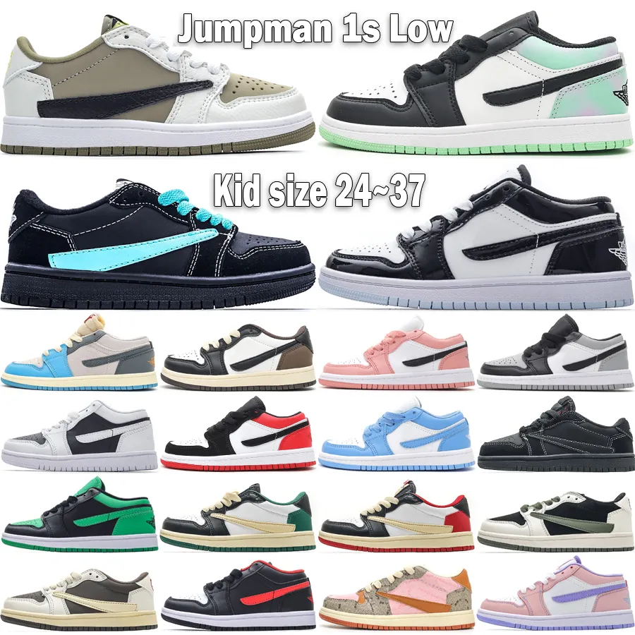 Jumpmans 1 Low Kids Basketball Shoes Leather 1S Cactus Jack Reverse Mocha Unc Grey Tie Dye Black Phantom Girls 소년 유아 청소년 여성 야외 트레이너 크기 24-37