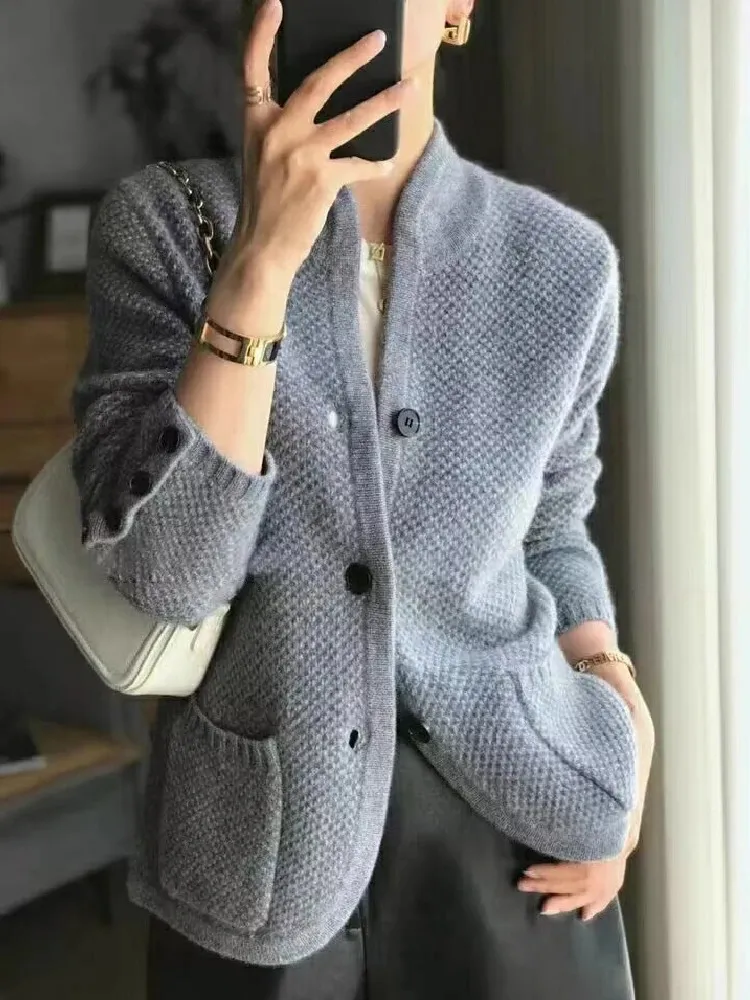 Chandails pour femmes bureau tricot hiver épaissi Cardigan col montant pull manteau ample élégant décontracté Chic dames boutons poches veste hauts 231021