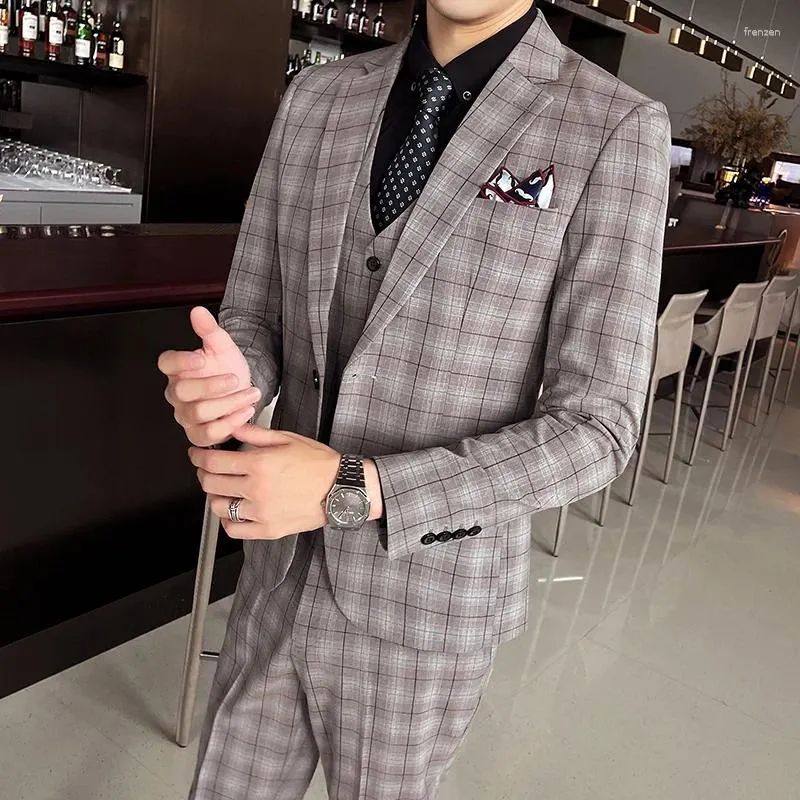 Ternos masculinos 2023 moda masculina casual boutique negócios xadrez terno fino 3 peças conjunto/masculino ajuste vestido blazers jaqueta casaco calças calças colete