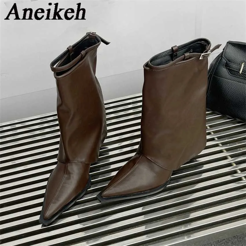 women Pointed Thin Heel Mid Calf Zipper Boots Fashion Trend Turned-over Edge Buckle Strap Modern Party Club 230922