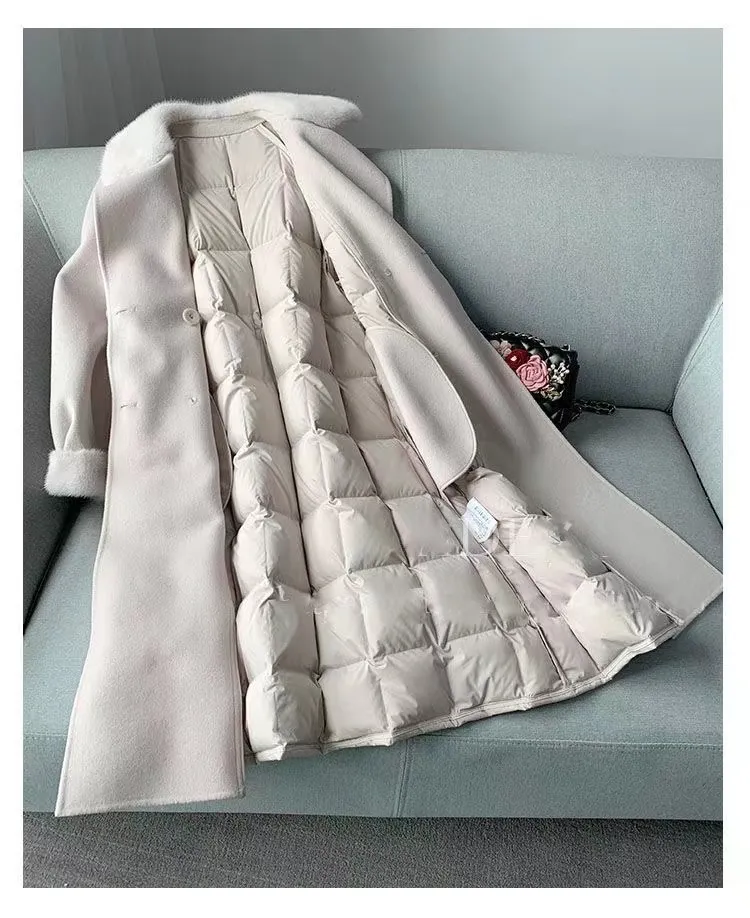 2023 new mink collar wool coat European version of autumn and winter double-sided nylon coat down long trench coat
