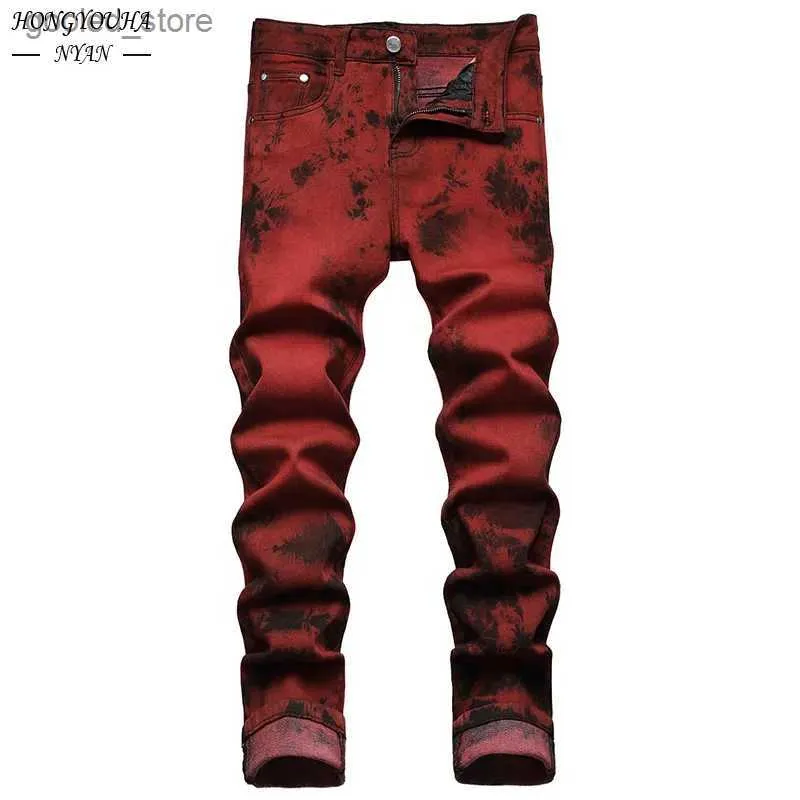 Calças masculinas marca mens jeans de alta qualidade magro tie dye neve lavagem tijolo vermelho denim calças retas vintage streetwear moda casual calças q231023
