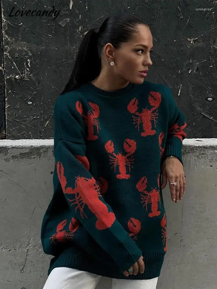 Maglioni da donna Rosso Tinta Aragosta Stampa Pullover Per Le Donne Manica Lunga Increspato Trapuntato Maglione Impiombato Chic Fashion Highstreet Maglione 2023