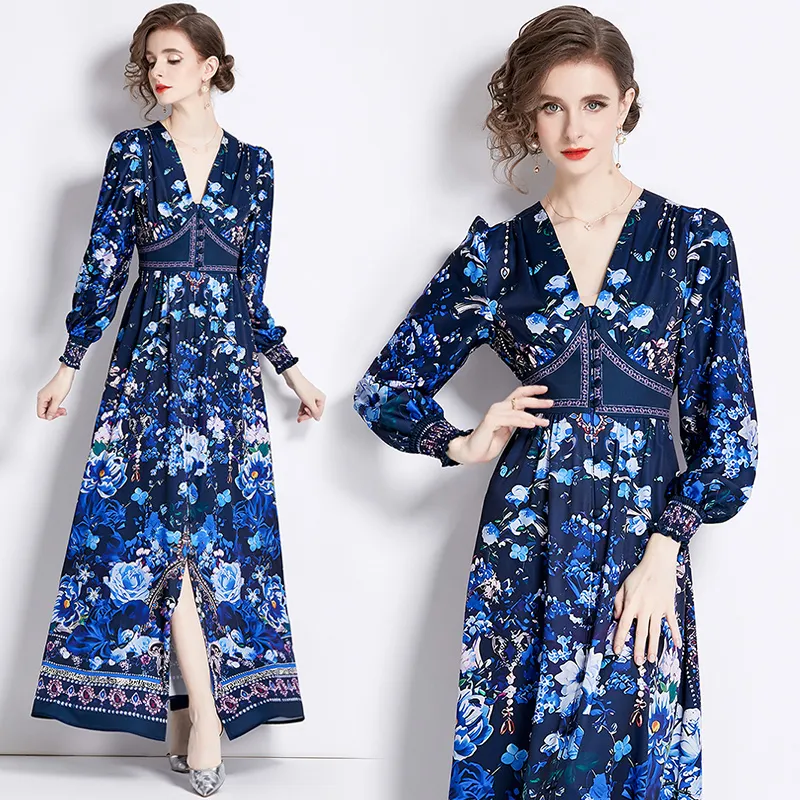 Robe longue à fleurs bleues pour femmes, robes de créateurs, manches lanternes, col en V, vacances, taille haute, vintage, robes longues de fête, automne hiver, imprimé, robes décontractées, 2023