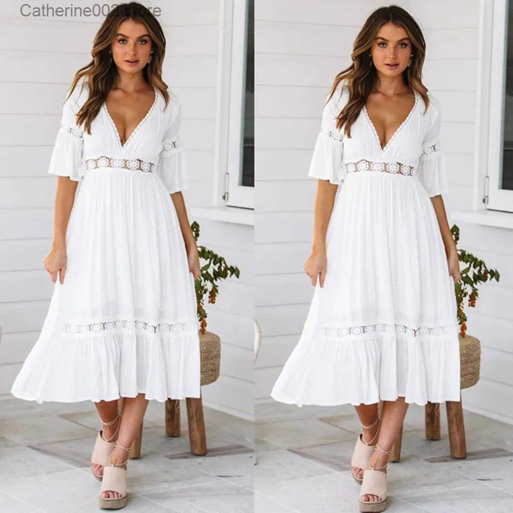 Vestidos sexy urbanos Moda Boho Lace Vestido largo maxi Mujeres sexy y2k Verano Damas Vestido de playa blanco Fiesta de noche Casual Robe Femme Vestidos Mujer T231023