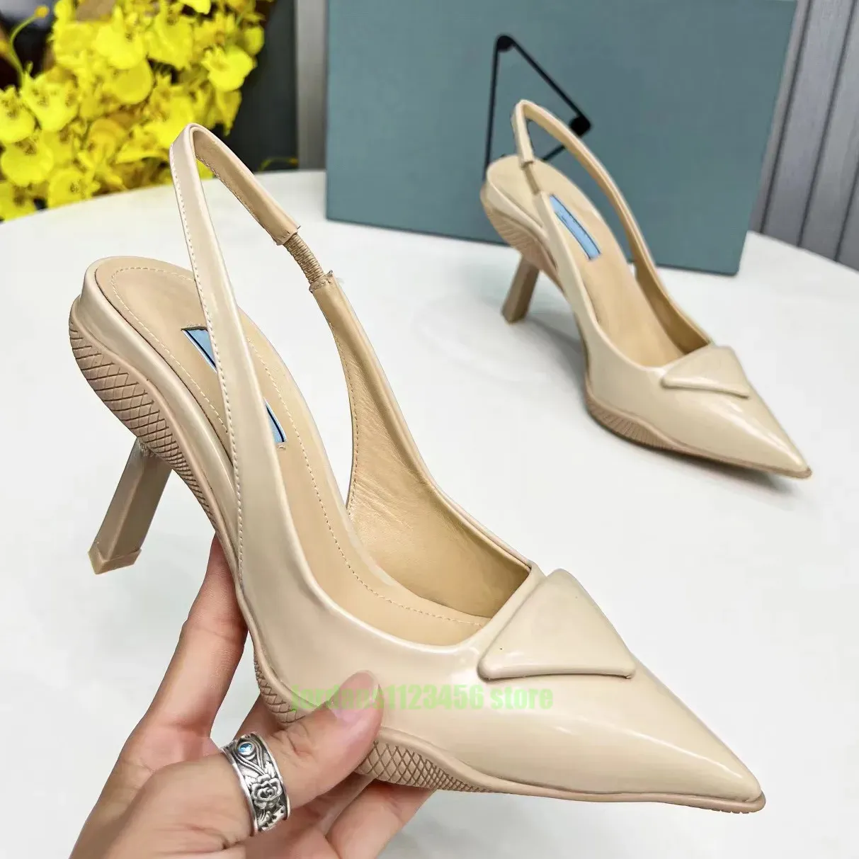 Luxury designer dress shoes high heeled rhinestone womens classic triangle buckle decorative ankle band stiletto banquet shoe