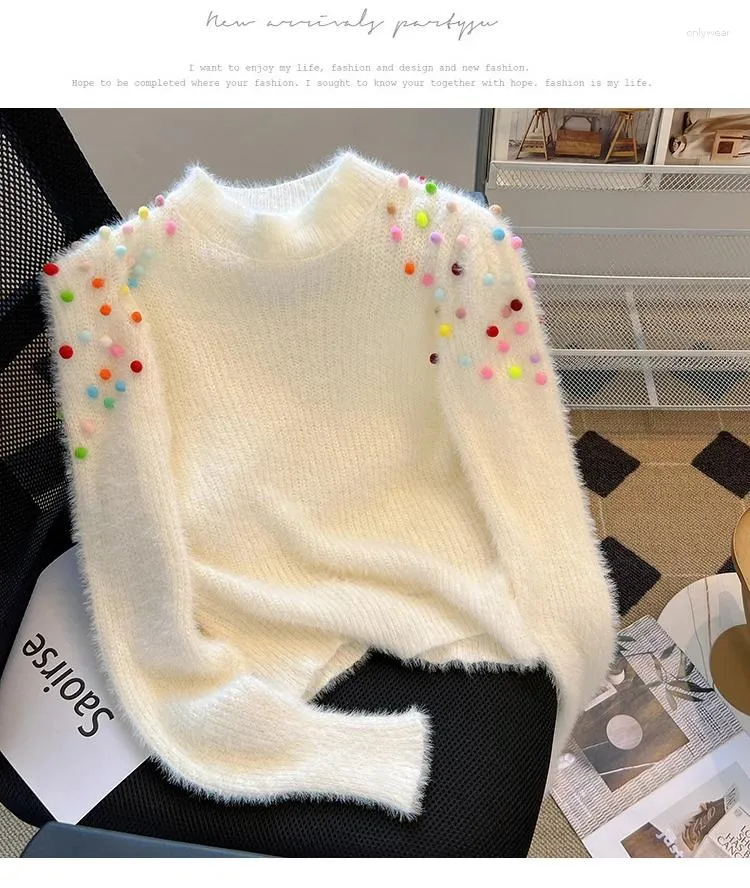 Women's Sweaters O-neck Shrug Shoulder Mohair Wool Knitted Frill Balls Sweater Tops SML