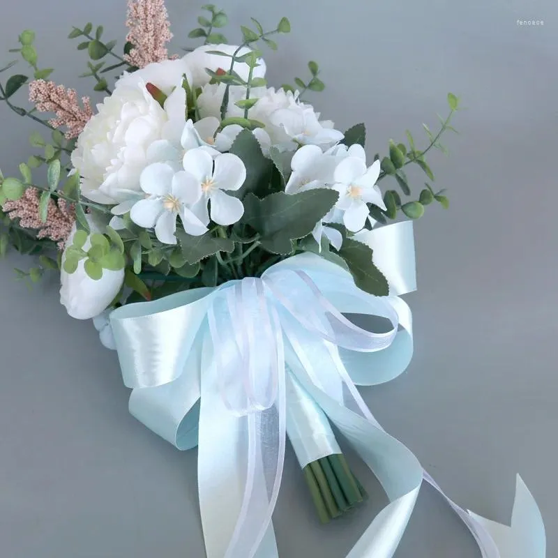 Wedding Flowers Bouquets Light Sky Blue With Pink And White Accessories Bridal 26 36cm