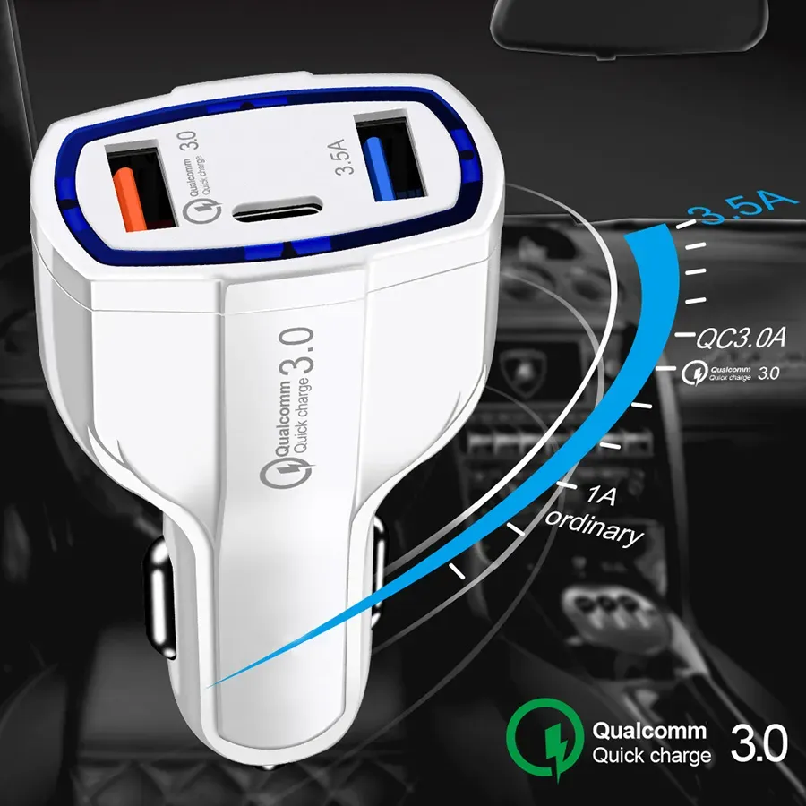 PD 3 in 1Type C Dual Usb Ports QC 3.0A Quick Charging Car  Adapter For Iphone 7 8 11 X Xr Samsung Android Phone Without Package