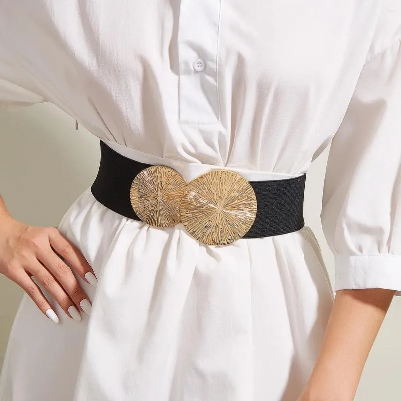 Ceintures or grand cercle boucle mode fille taille joint larges ceintures pour manteau femmes noir élastique Cummerbunds robe décoration