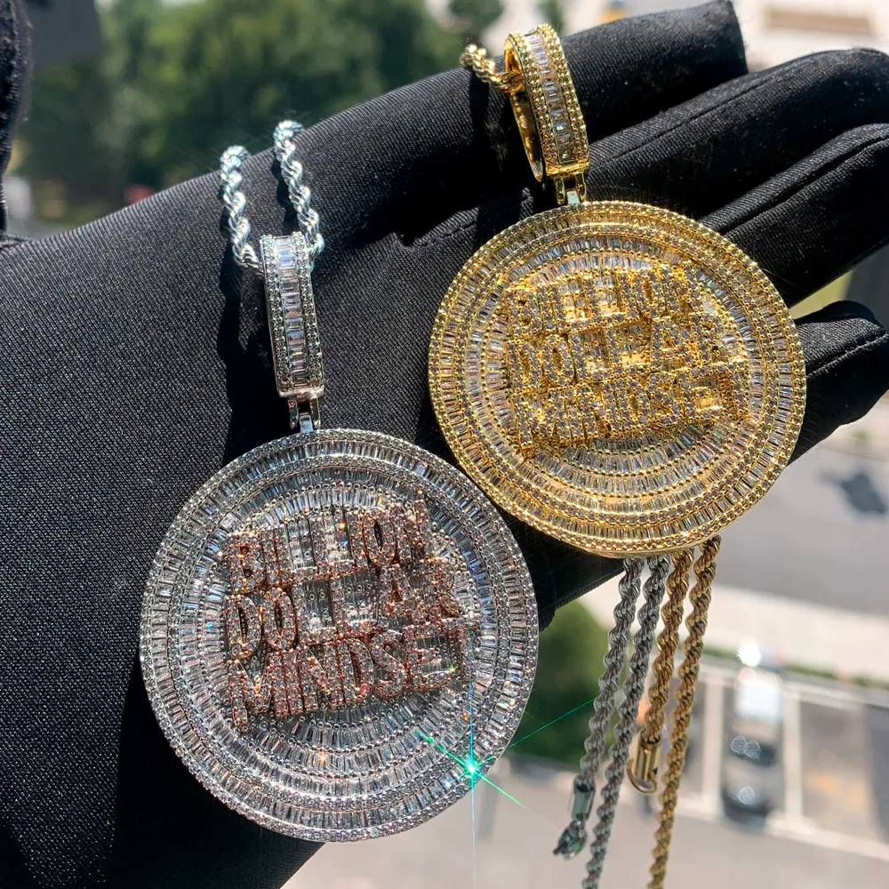 Iced Out Billion Dollar Mindset Letter Round Charm Pendant Necklace with Rope Chain Hip Hop Women Men Full Paved 5A Cubic Zirconia Boss Men Gift Jewelry