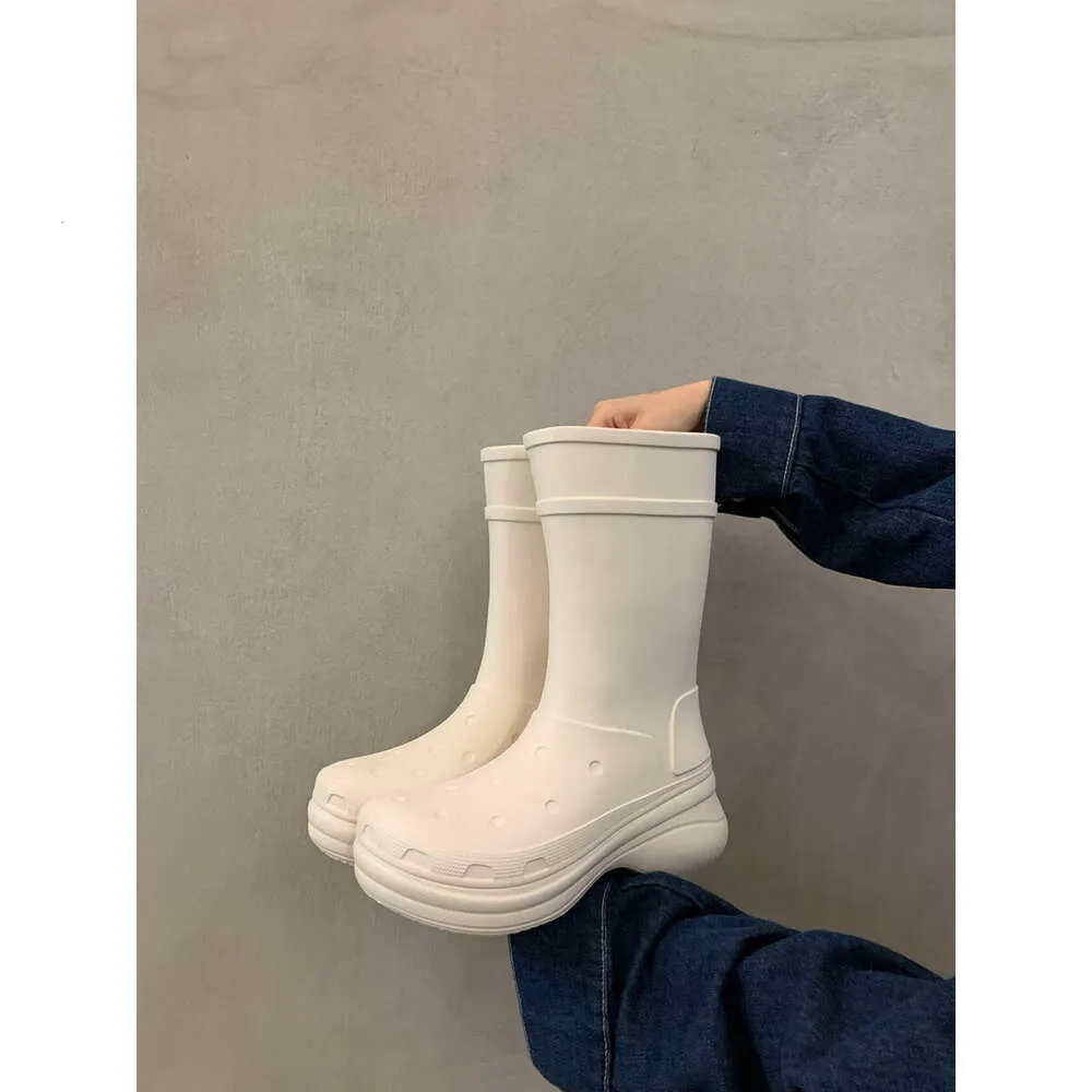 Ankelstövlar Balenciashoes Mid Range Boots Round Huvud ärmstövlar svamp svarta regnskor Knight Boots Gkxnl