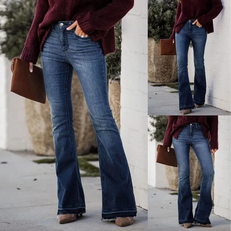 Jeans femininos calças elásticas clássico cor sólida denim bell botton com bolsos ligeiramente harajuku queimado bifurcado perna larga