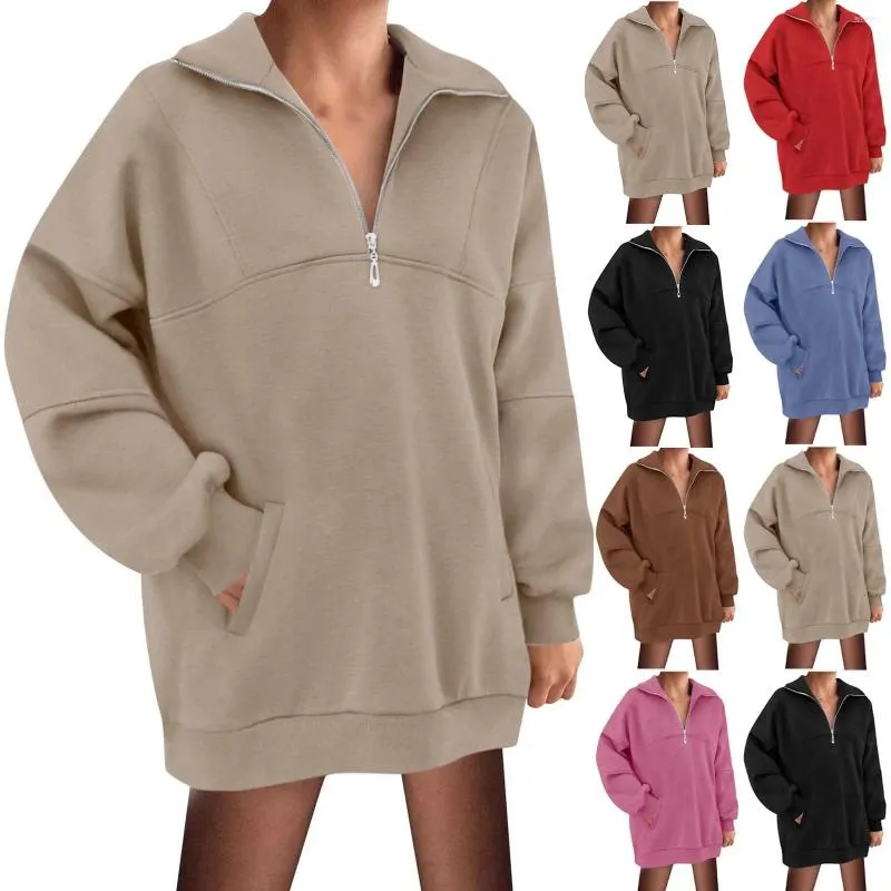 Sweat-shirt à capuche pour femme, confortable, surdimensionné, demi-fermeture éclair, manches longues, quart, pull, hiver