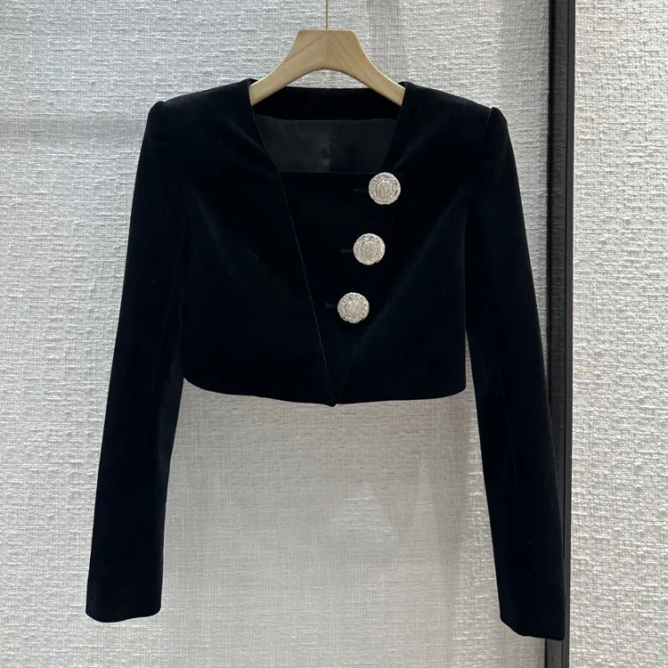 Chaqueta de Color sólido negro de otoño 2023, chaquetas cortas con botones y cuello oblicuo de manga larga, abrigo, prendas de vestir cortas Z3O231888