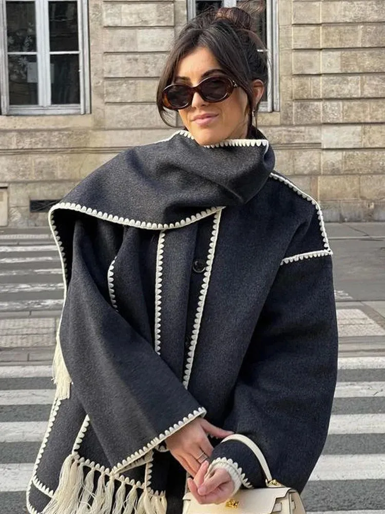 Mulheres misturas de lã vintage jaqueta de lã feminina moda borla com cachecol feminino inverno casual solto único breasted casaco quente 231023