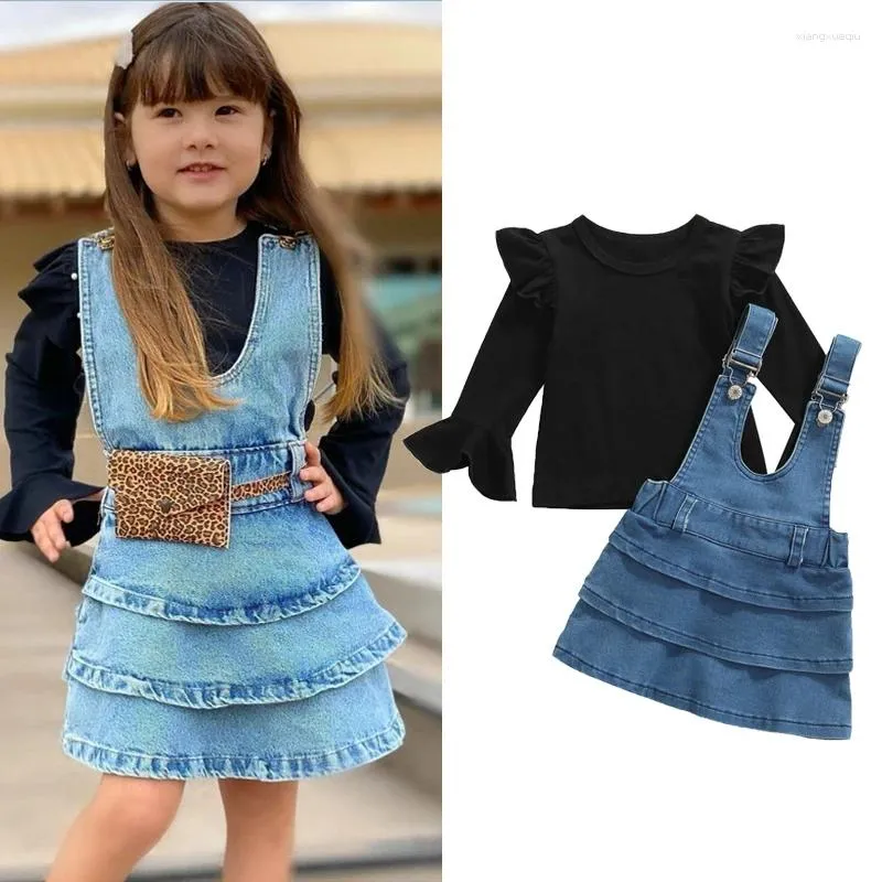 Clothing Sets CitgeeAutumn Kids Baby Girls Clothes Ruffles Long Flare Sleeve Solid T Shirts Denim Suspender Dress