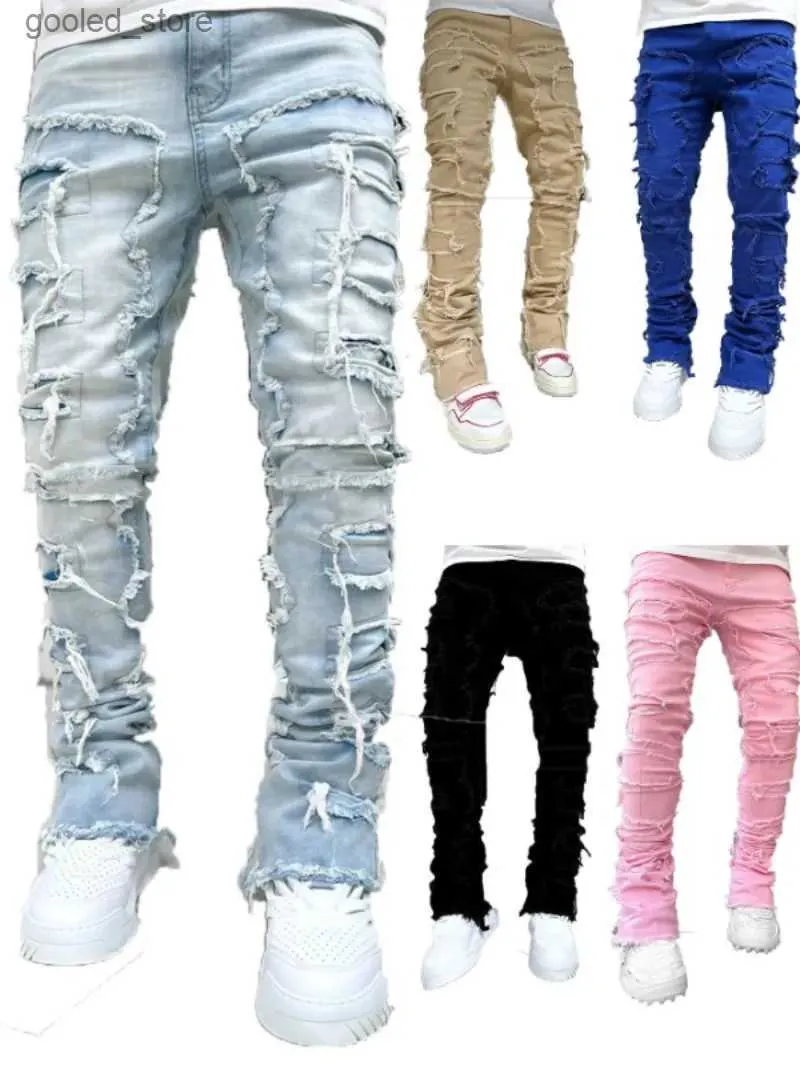 Men's Pants European and American street fashion ins hot style elastic patch denim straight-leg pants new men's fashion retro denim trousers Q231023