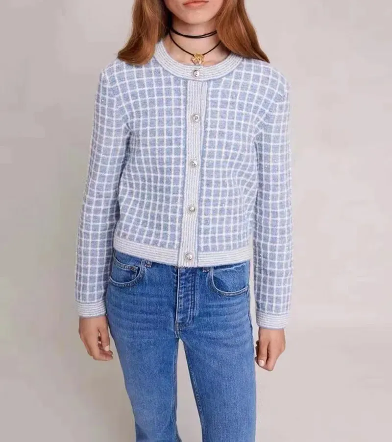 Kvinnors tröjor Autumn Collections Blue Plaid Mettalic Sticked Short Wool Sweater/ Cardigan S M L231023