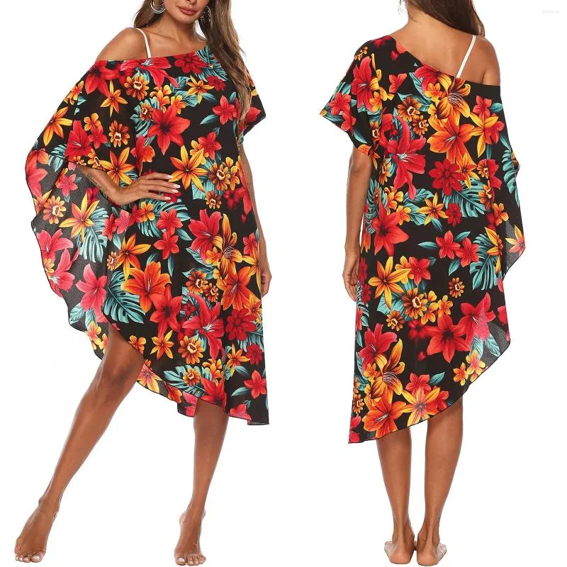 Damen Bademode Strand Cover Ups Frauen Sommer Blumen Druck Unregelmäßig Schulterfrei Kurzarm Lose Bikinis Badeanzug Für