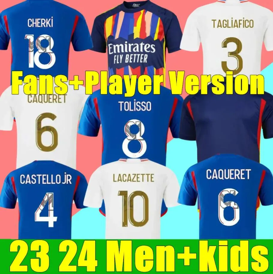 23 24 Lyon Soccer Jerseys Maillot de Foot Caqueret OL 2023 2024 Home Football Shirt Aouar Barcola Castello Jr Cherki Boateng Dembele Gusto Man Kids Kids مجموعة معدات