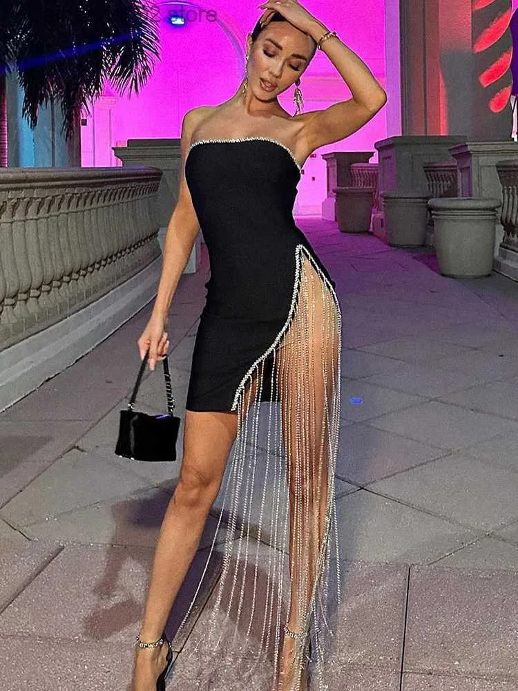 Urban Sexy Dresses Dulzura 2023 Solid Sparkly Sequined Tube Mini Dress Bodycon Tassel Strapless Party Evening Streetwear High Side Slit Y2K Summer T231023